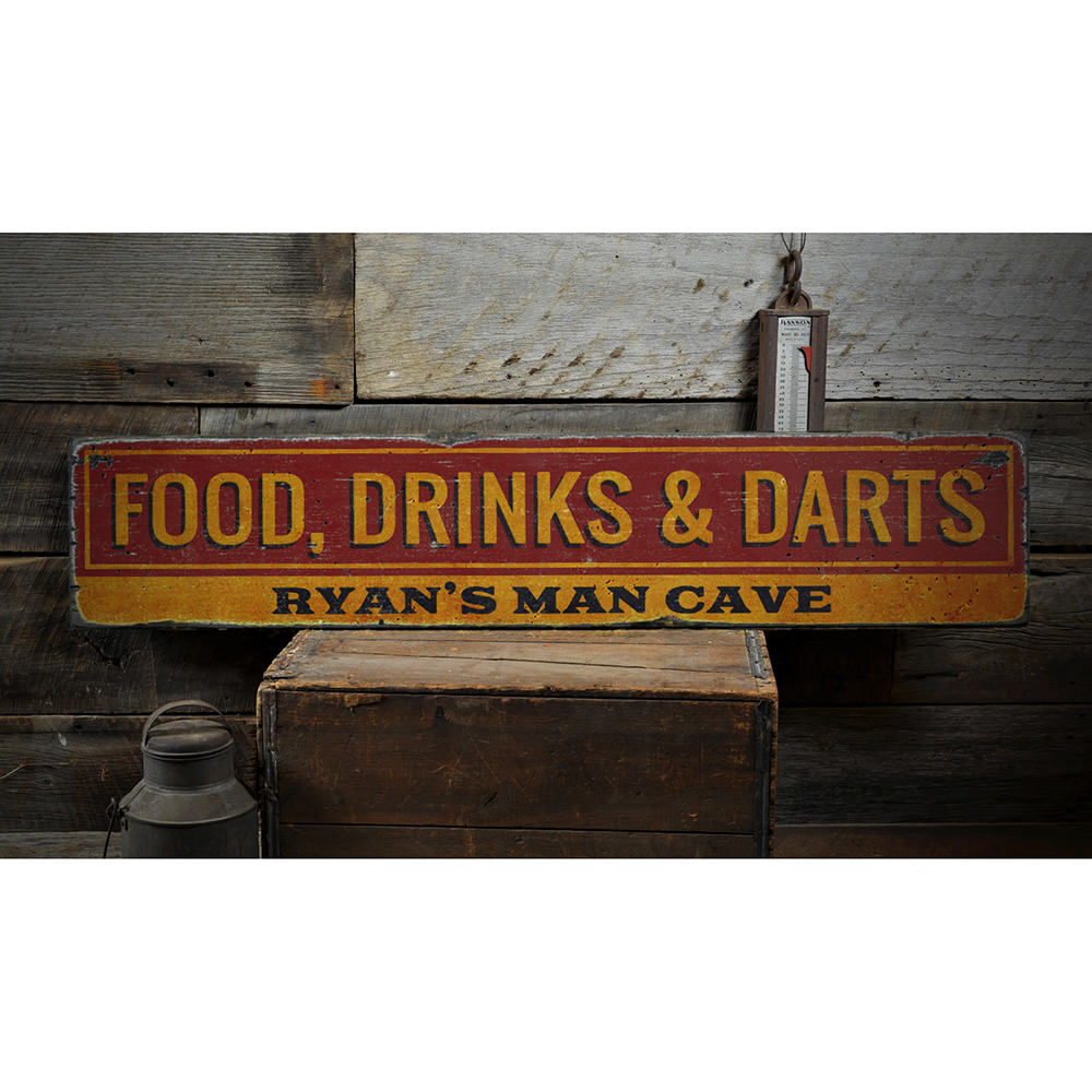 Food Drinks and Darts Vintage Wood Sign