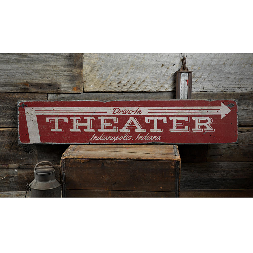 Drive-In Theater Arrow Vintage Wood Sign