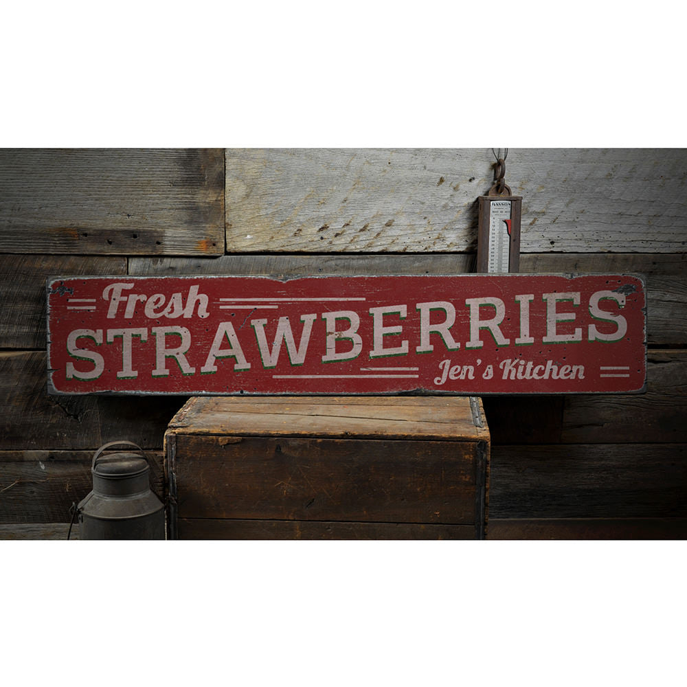 Fresh Strawberries Vintage Wood Sign