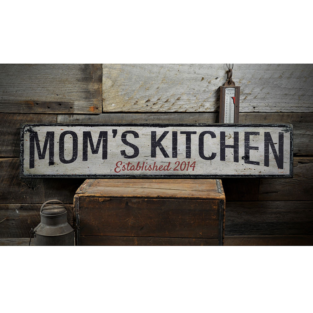 Mom's Kitchen Established Vintage Wood Sign