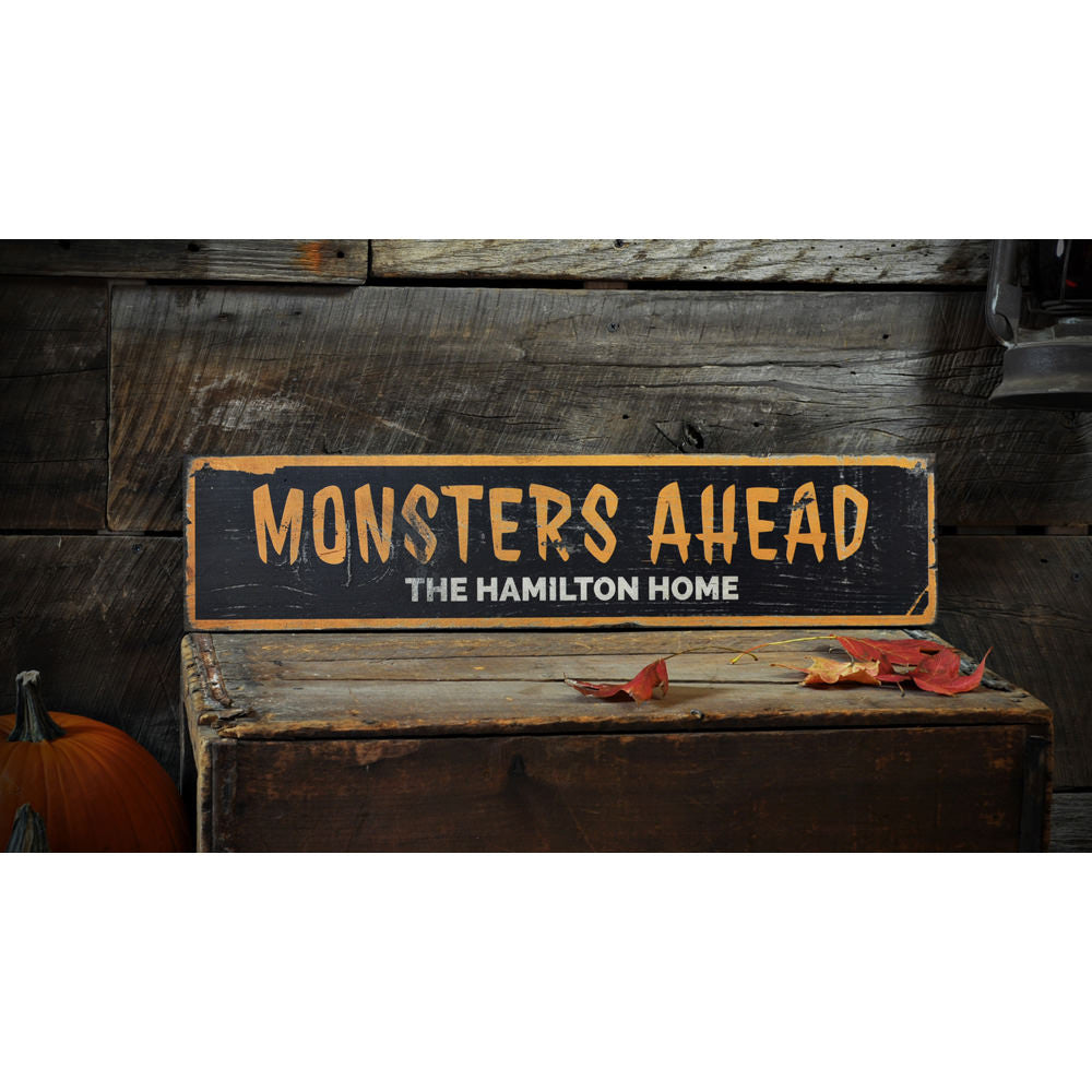 Monsters Ahead Vintage Wood Sign