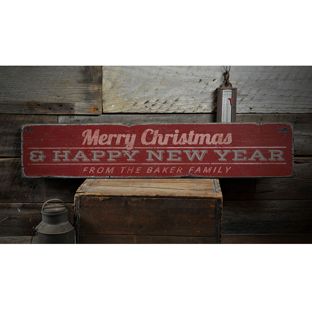 Merry Christmas & Happy New Year Family Vintage Wood Sign