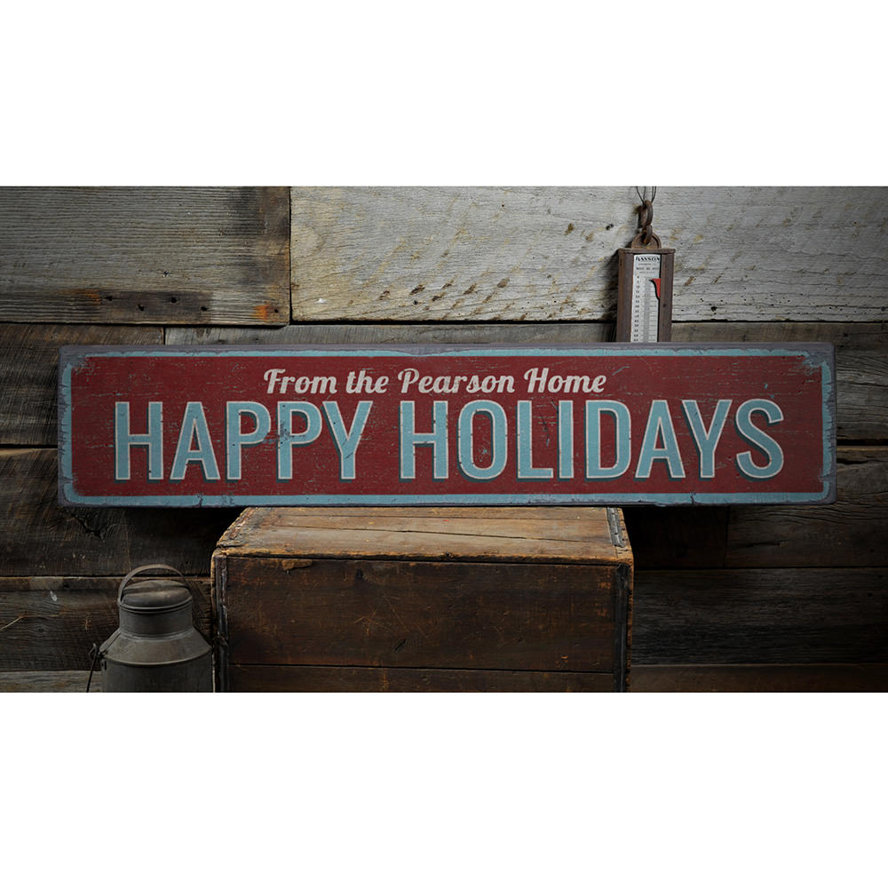 Happy Holidays Family Name Vintage Wood Sign