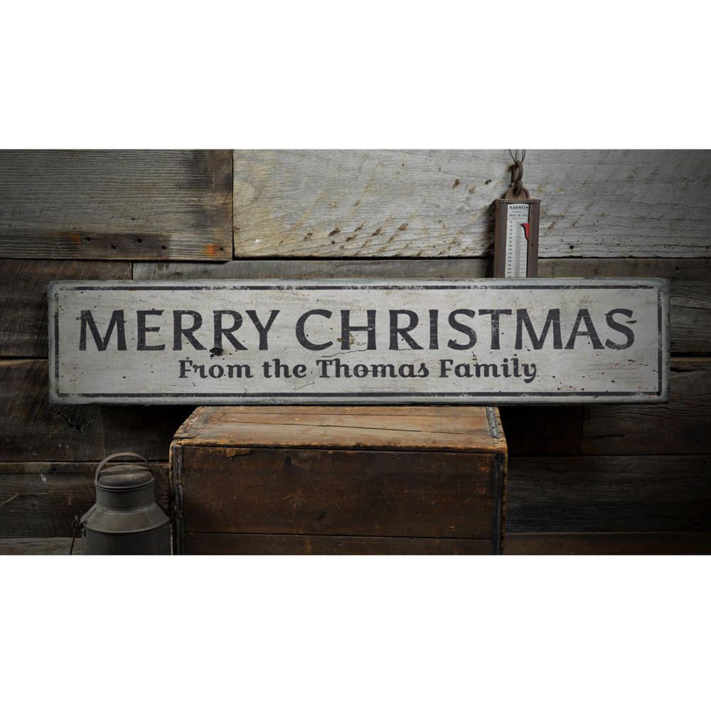 Merry Christmas Family Name Vintage Wood Sign