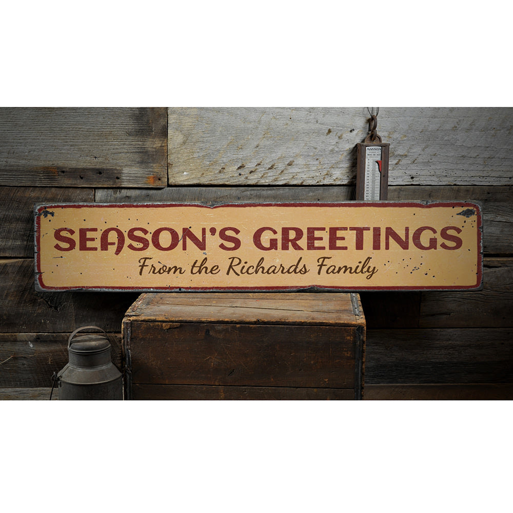 Season's Greetings Family Name Vintage Wood Sign