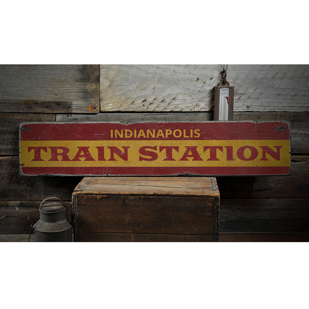 Train Station City Arrow Vintage Wood Sign