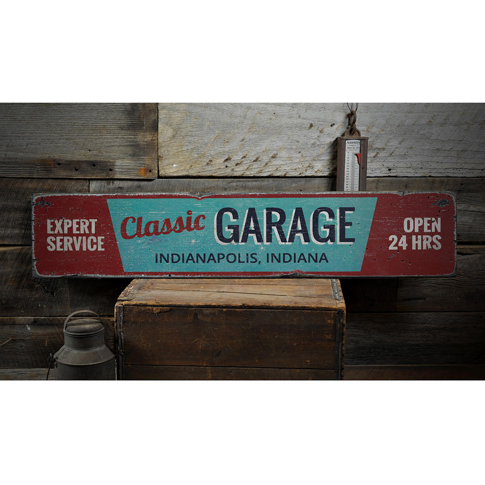 Classic Garage City State Vintage Wood Sign