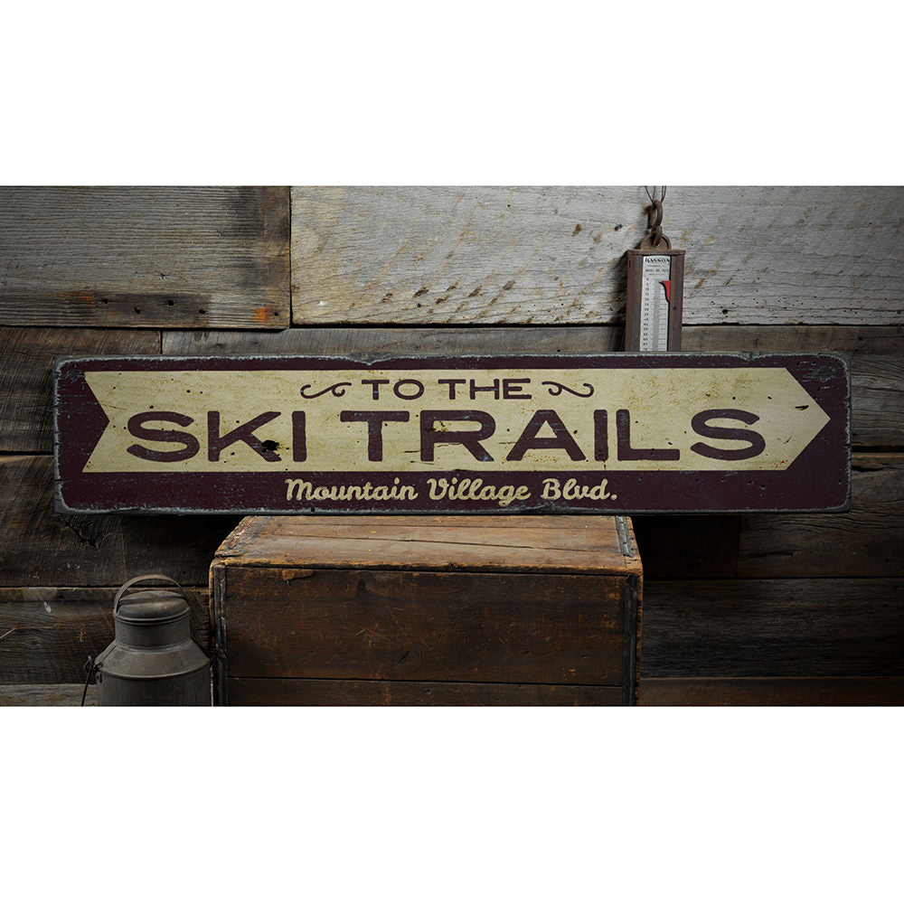 To the Ski Trails Arrow Vintage Wood Sign