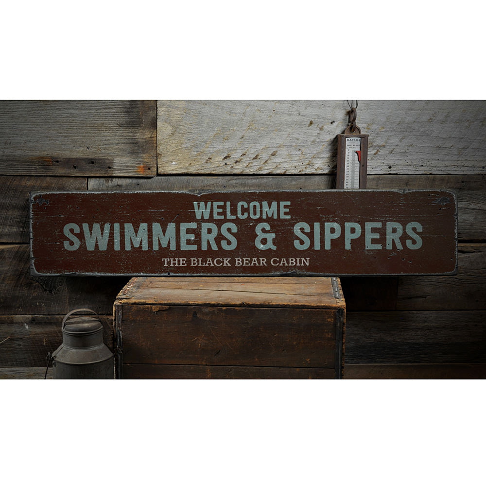 Welcome Swimmers & Sippers Vintage Wood Sign