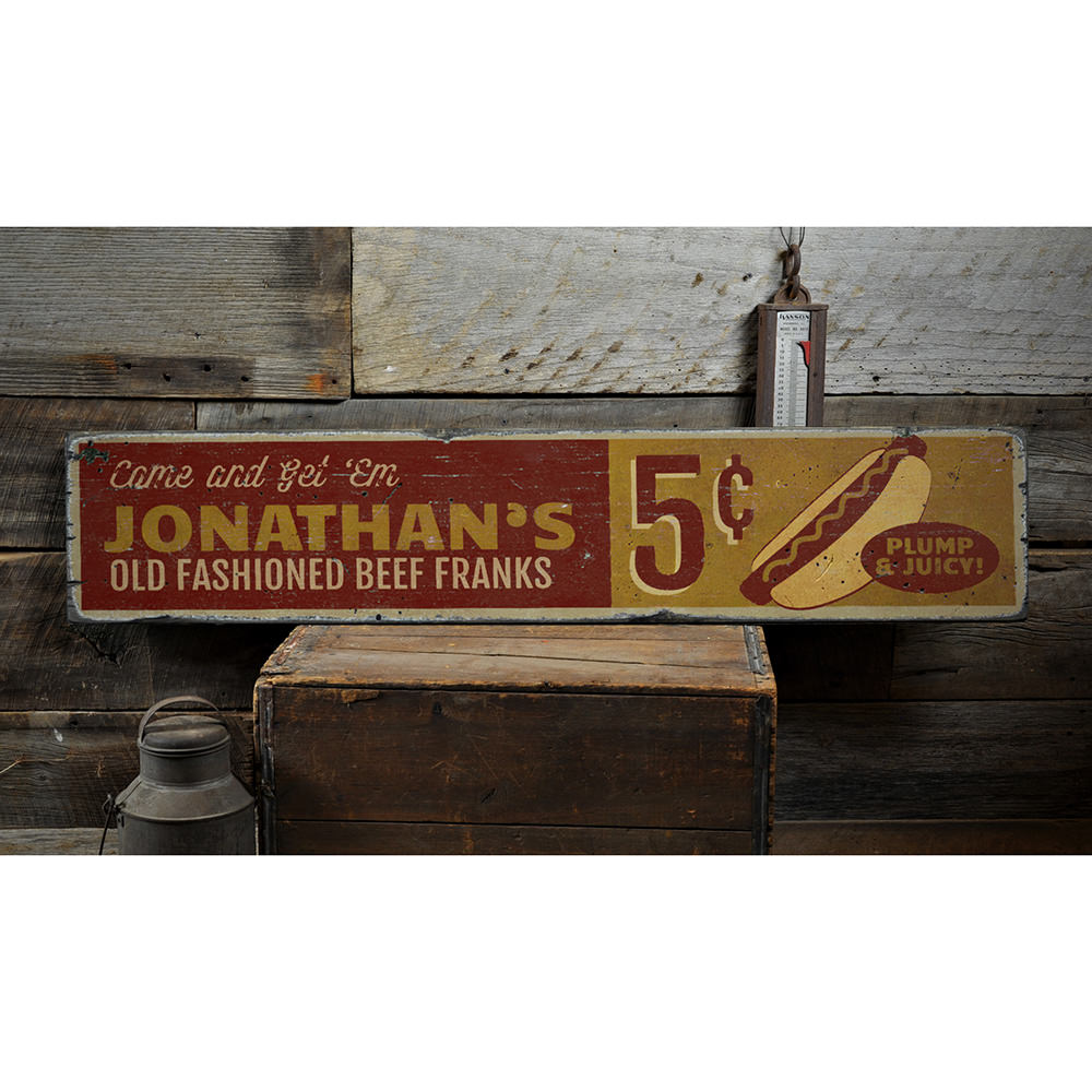 Old Fashioned Beef Franks Vintage Wood Sign