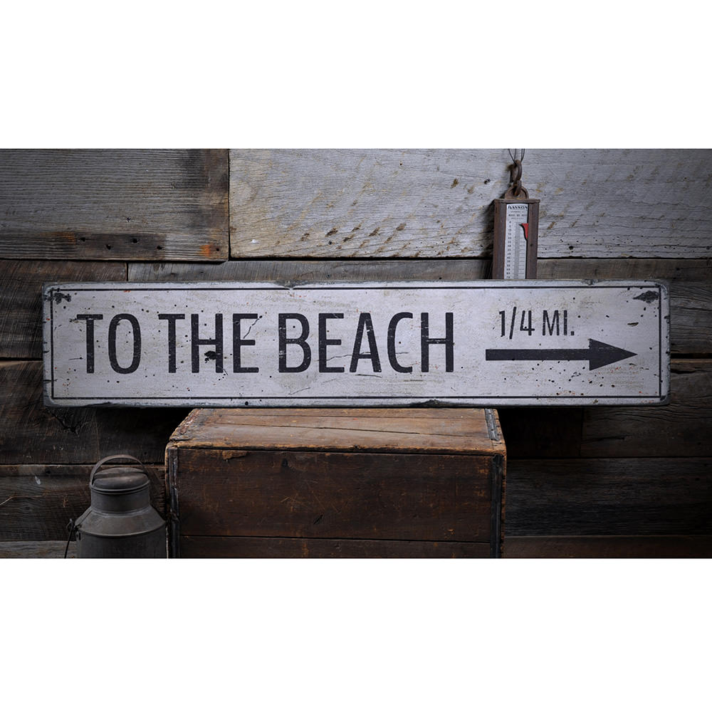 To The Beach Arrow Vintage Wood Sign