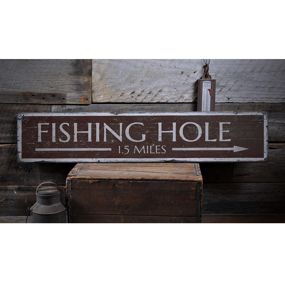 Fishing Hole Arrow Vintage Wood Sign