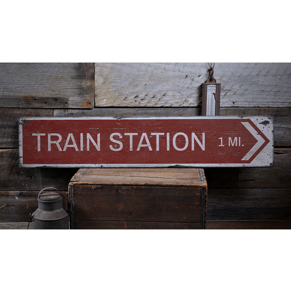 Train Station Arrow Vintage Wood Sign