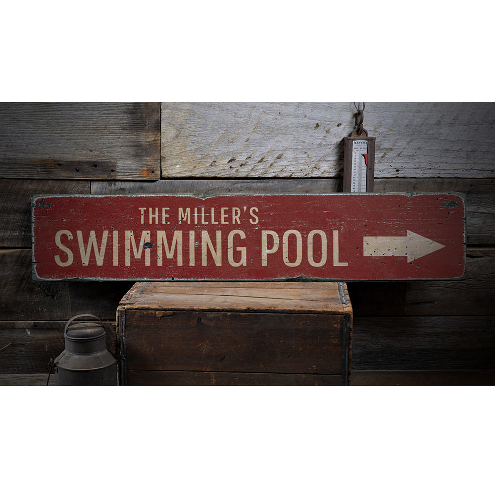Swimming Pool Arrow Vintage Wood Sign
