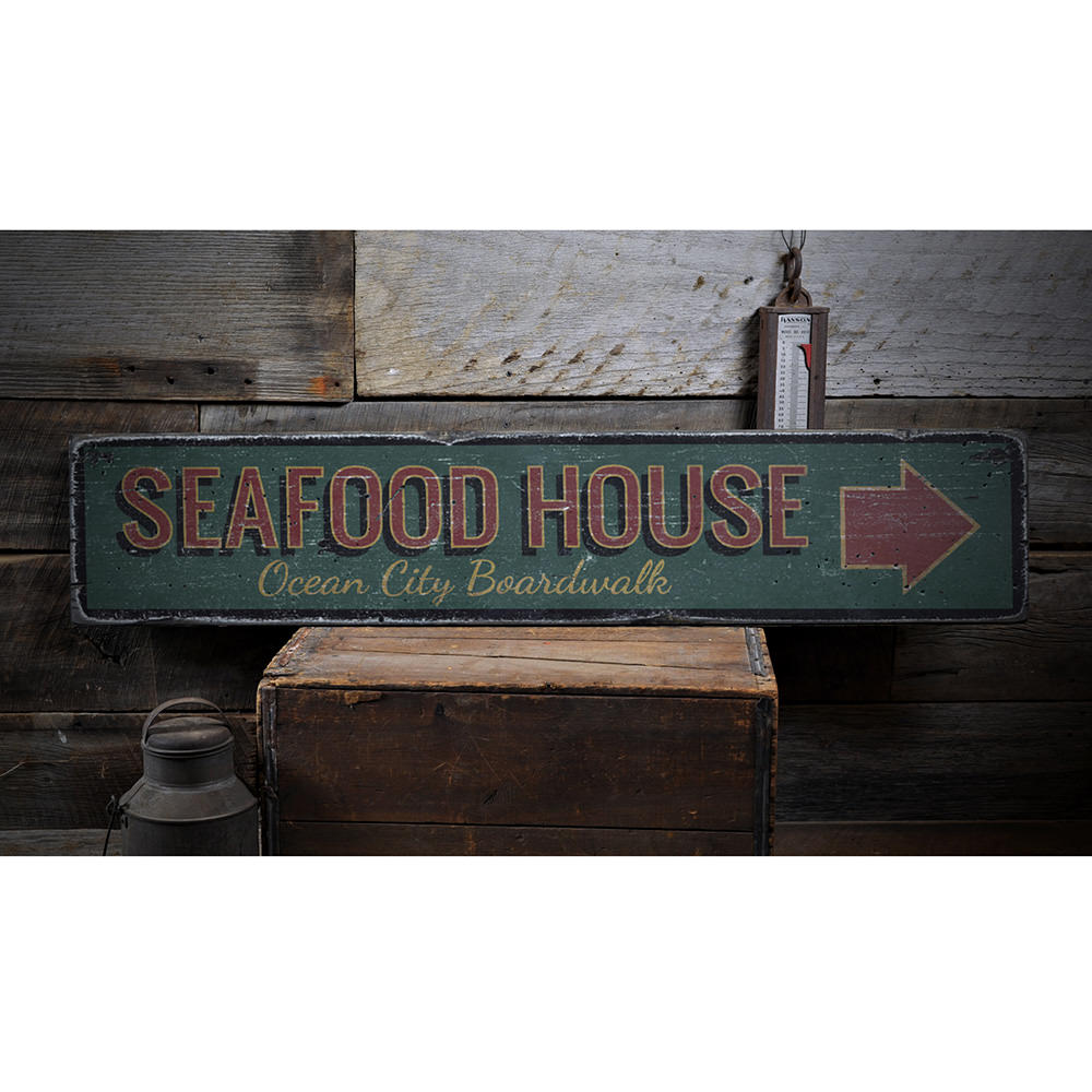 Seafood House Arrow Vintage Wood Sign