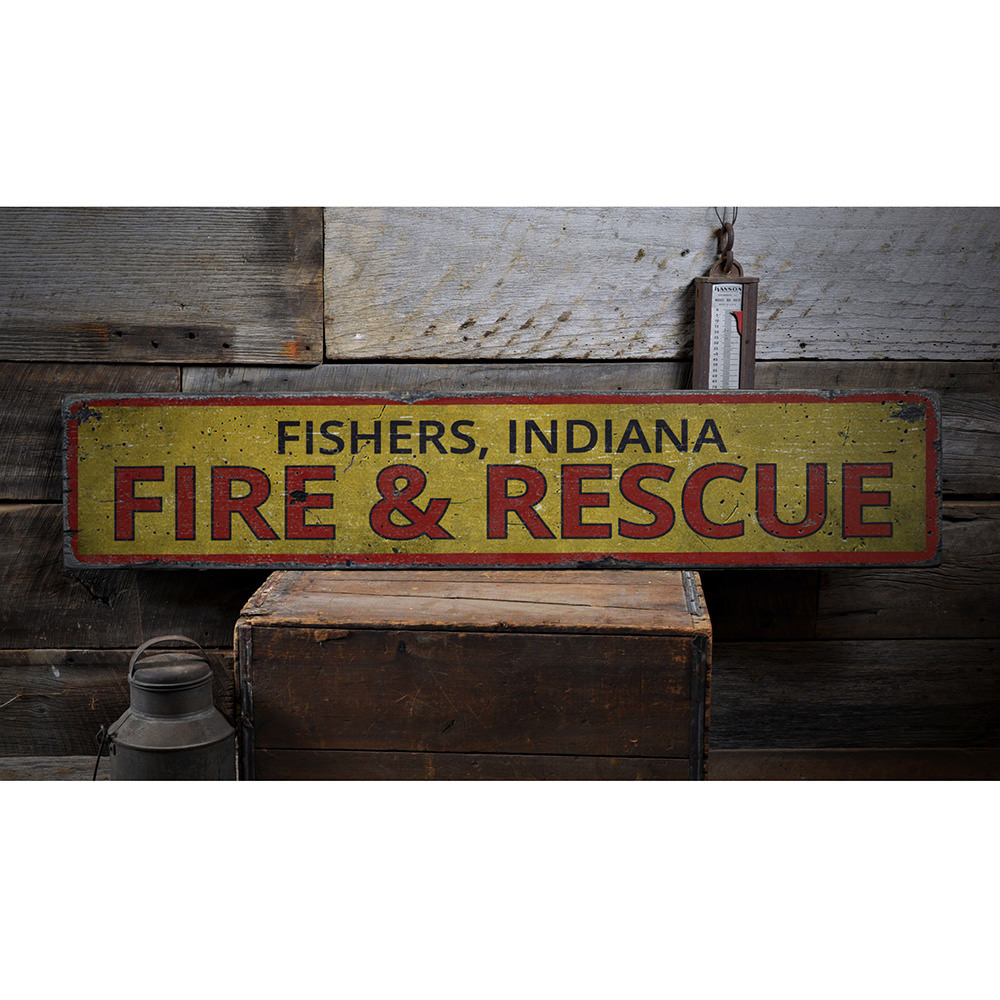 Fire & Rescue Location Vintage Wood Sign