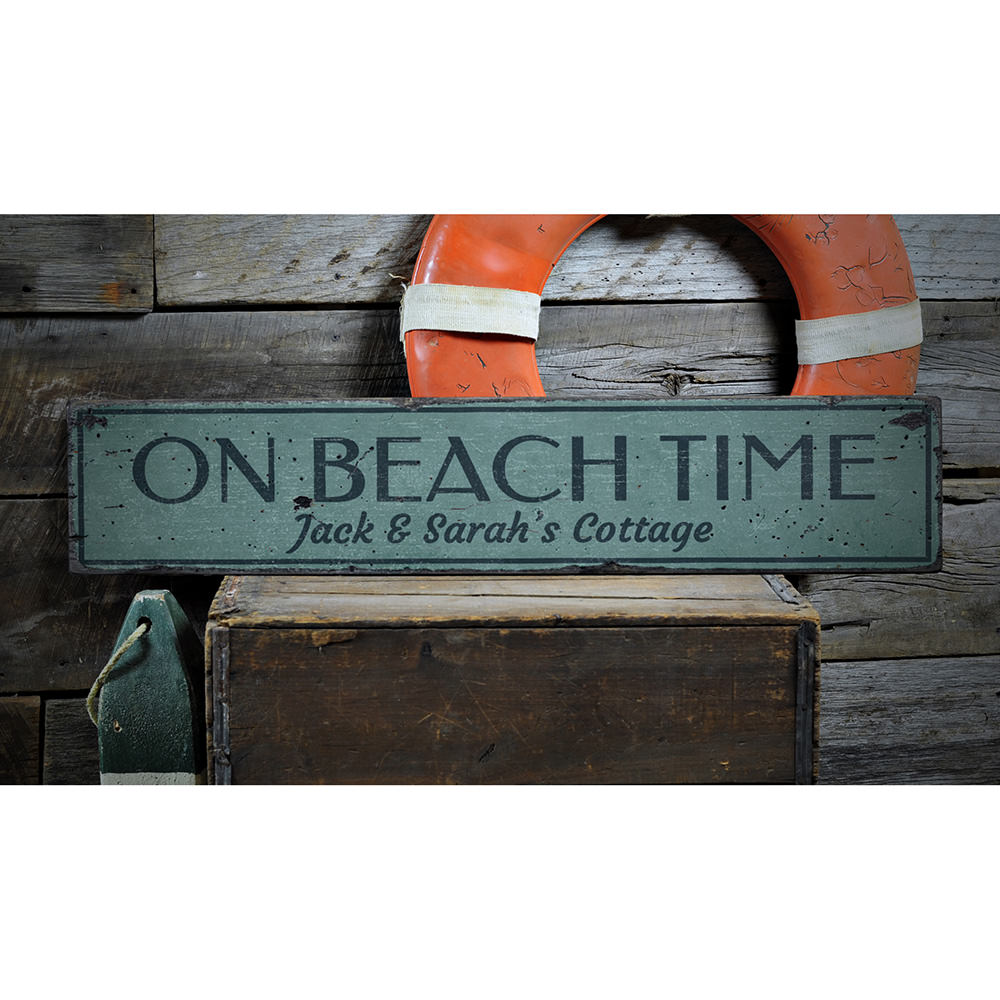 On Beach Time Family Name Vintage Wood Sign