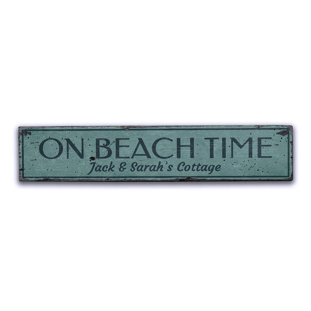 On Beach Time Family Name Vintage Wood Sign