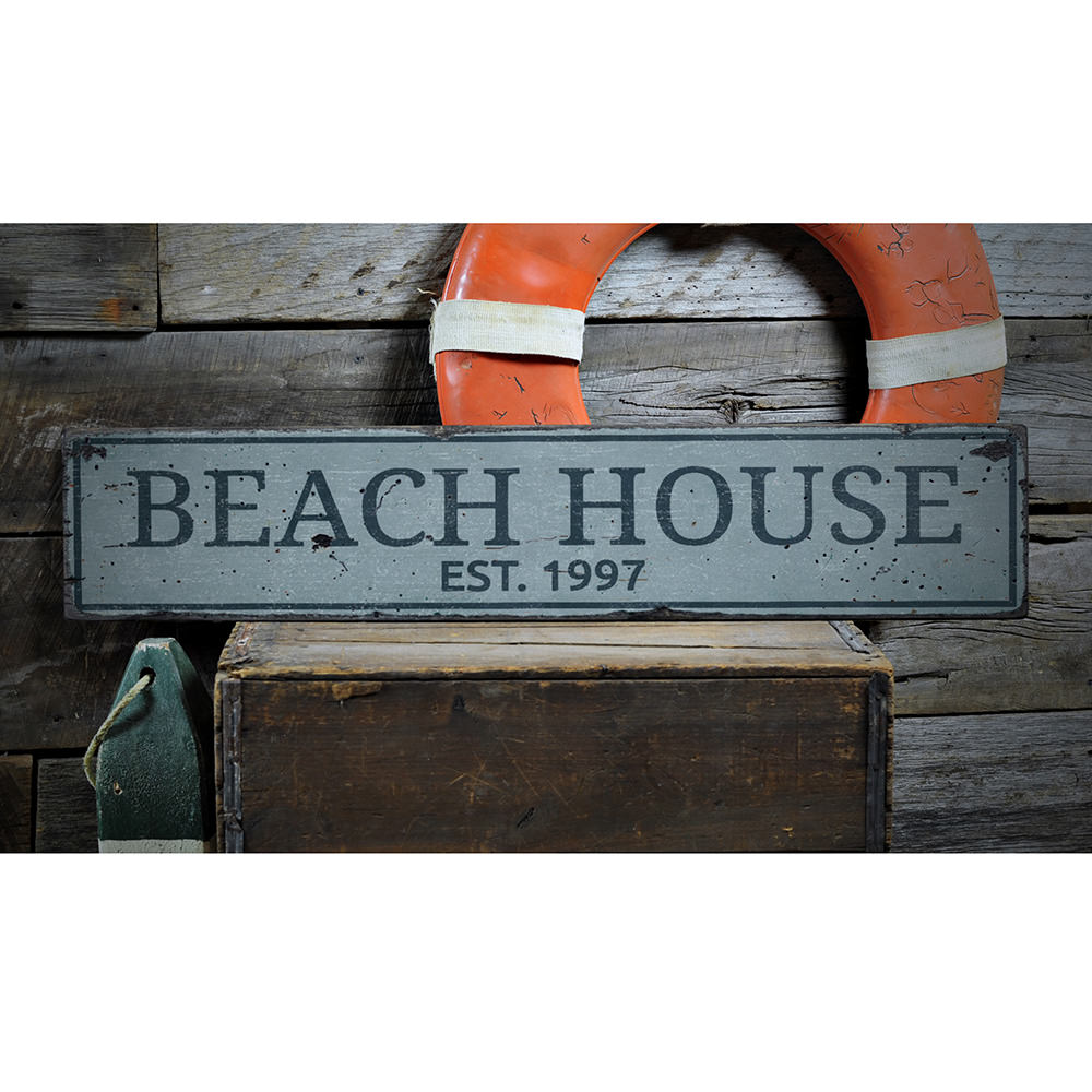 Beach House Established Date Vintage Wood Sign