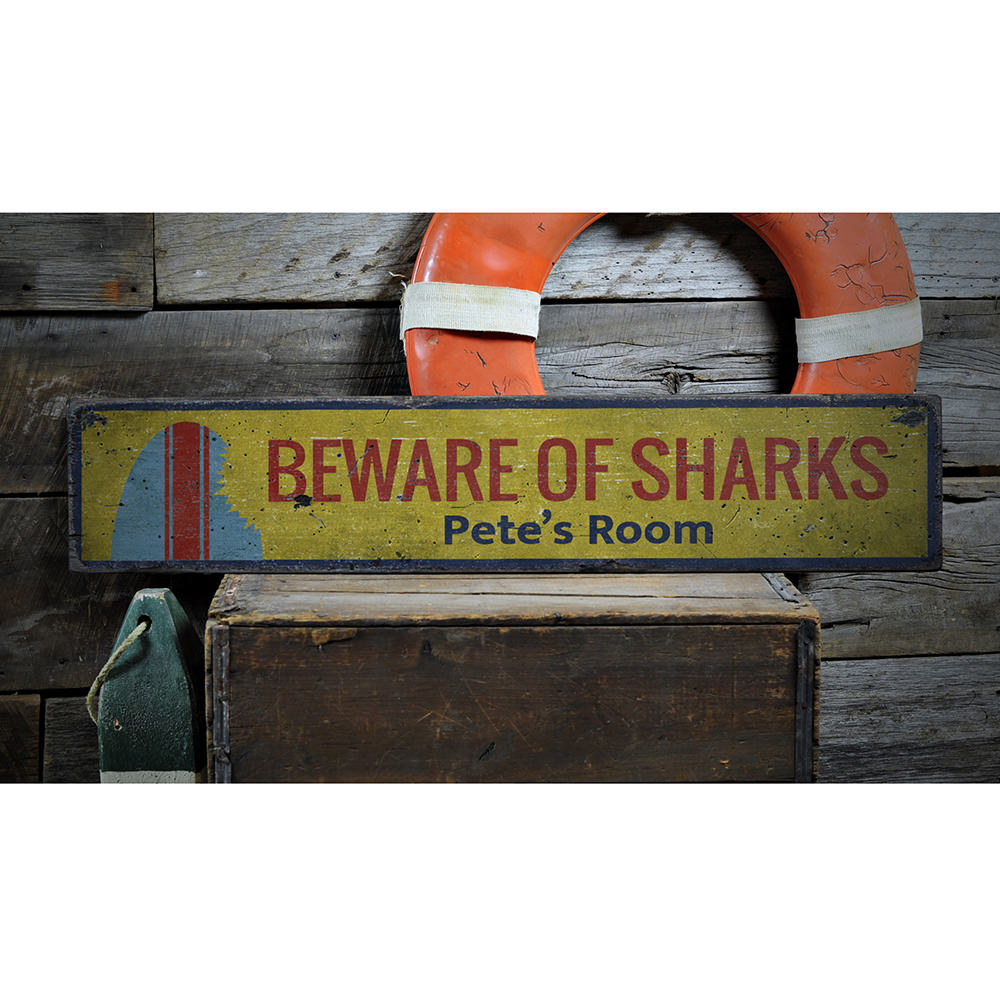 Beware of Sharks Surfboard Vintage Wood Sign