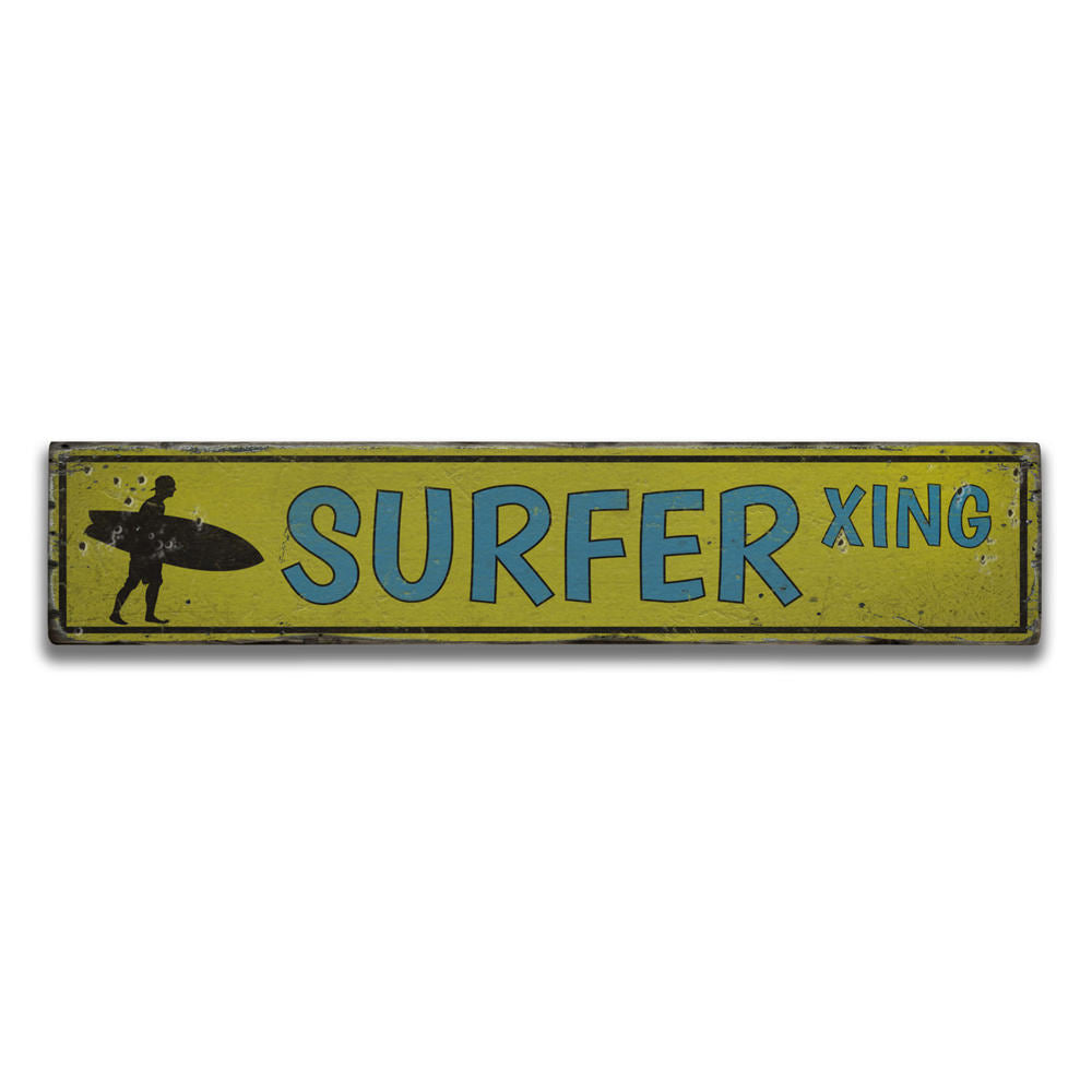 Surfer Crossing Vintage Wood Sign