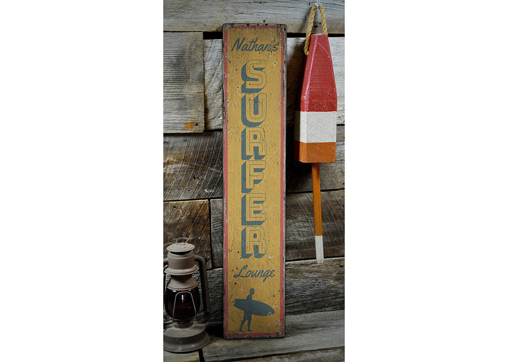 Surfer Lounge Vertical Rustic Wood Sign