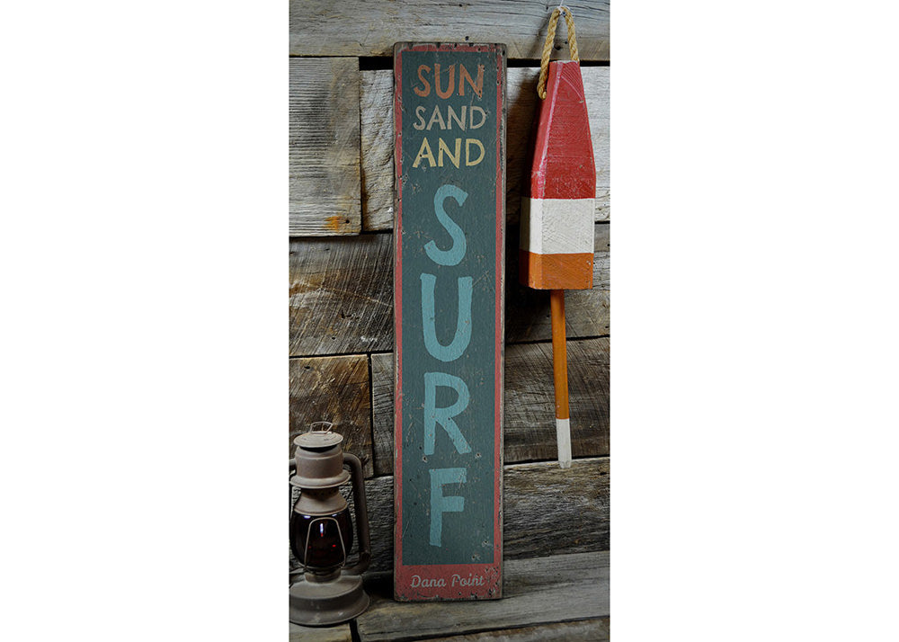 Sun Sand and Surf Vertical Rustic Wood Sign