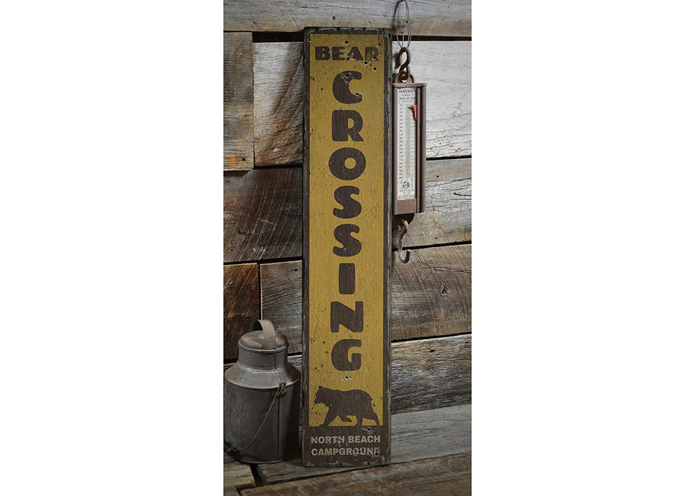 Bear Crossing Vertical Rustic Wood Sign