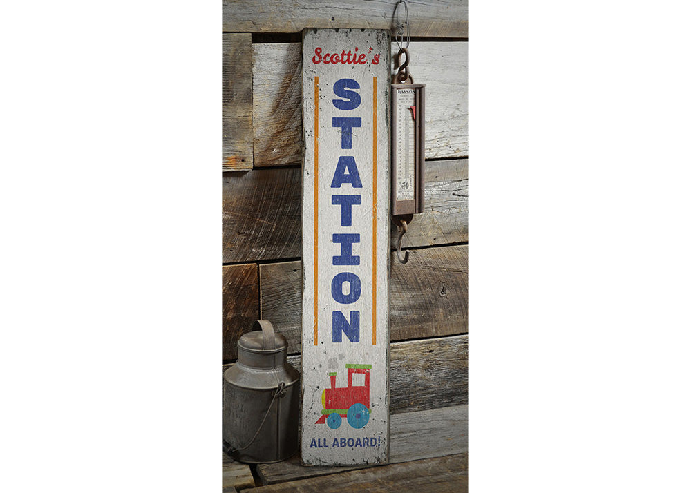 Train Station Vertical Rustic Wood Sign