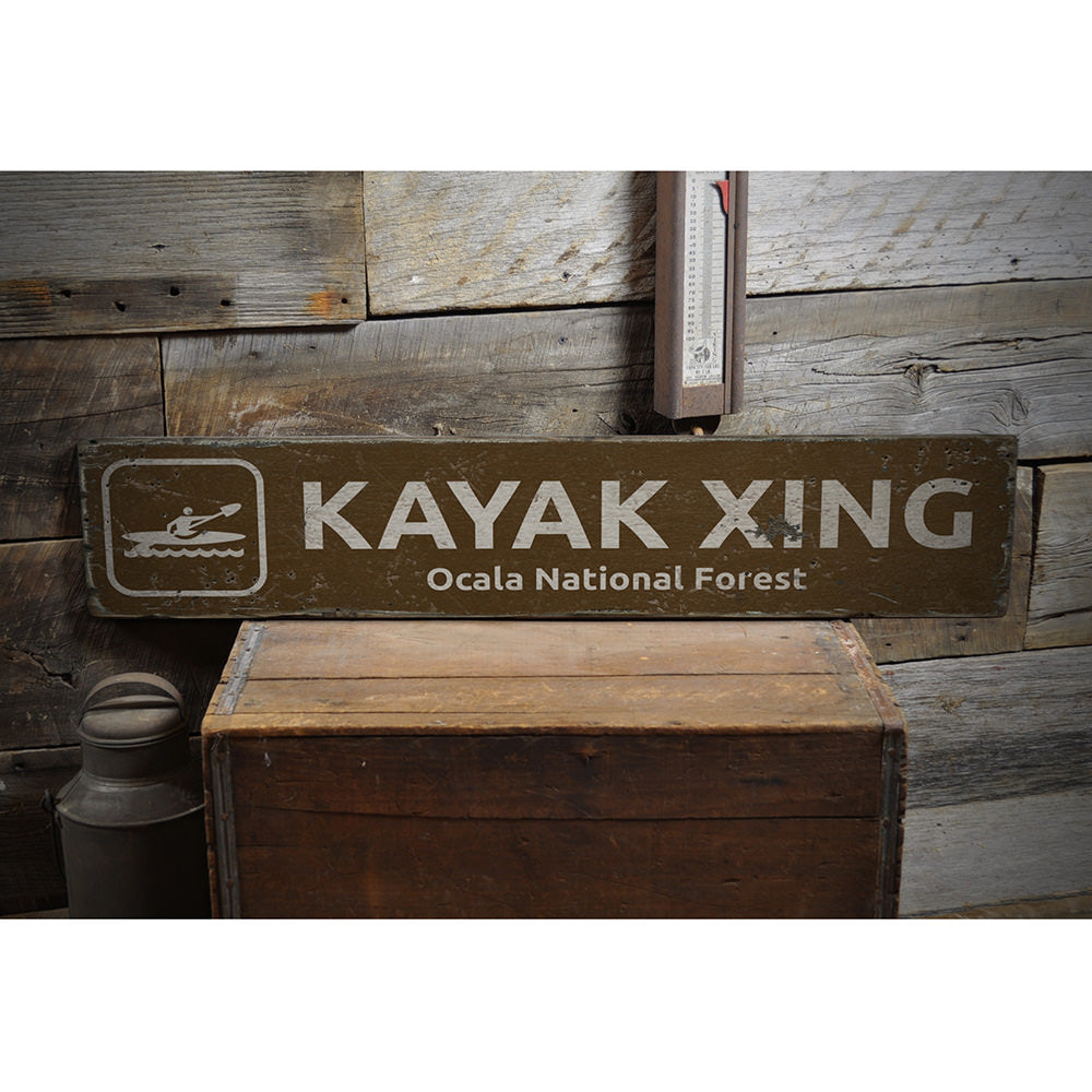Kayak Crossing Vintage Wood Sign