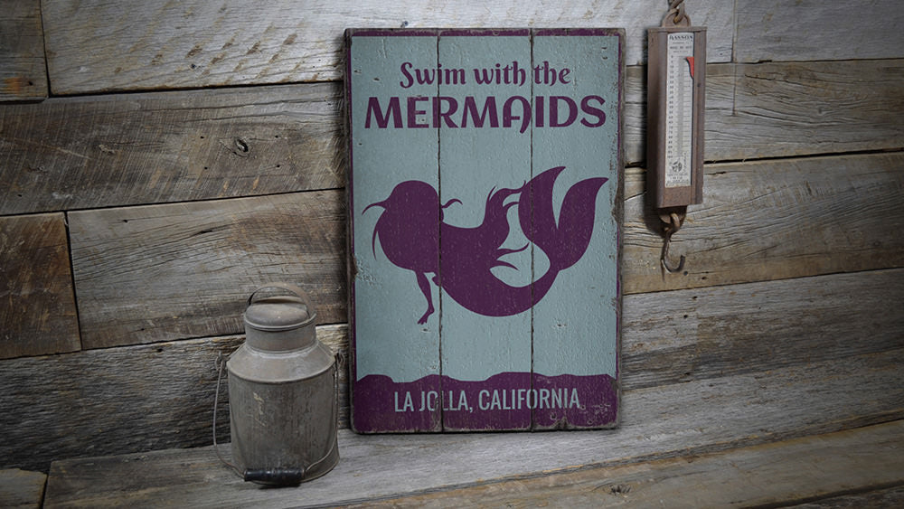 Swim With The Mermaids Vintage Wood Sign