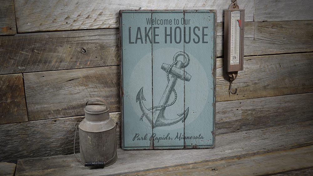Lake House Welcome Anchor Vintage Wood Sign