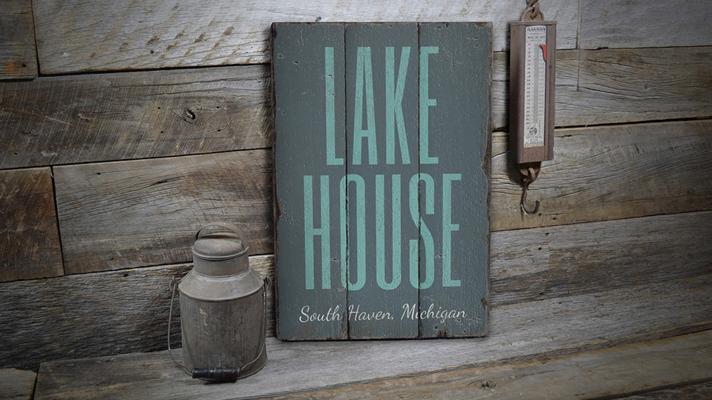 Lake House Location Vintage Wood Sign