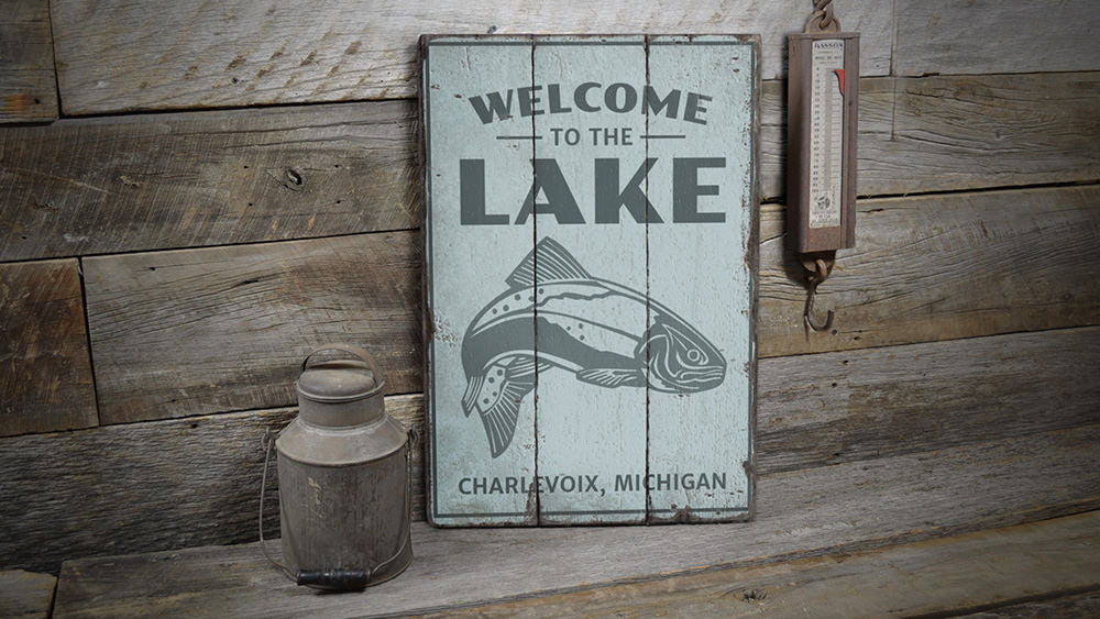 Welcome To The Lake Fish Vintage Wood Sign