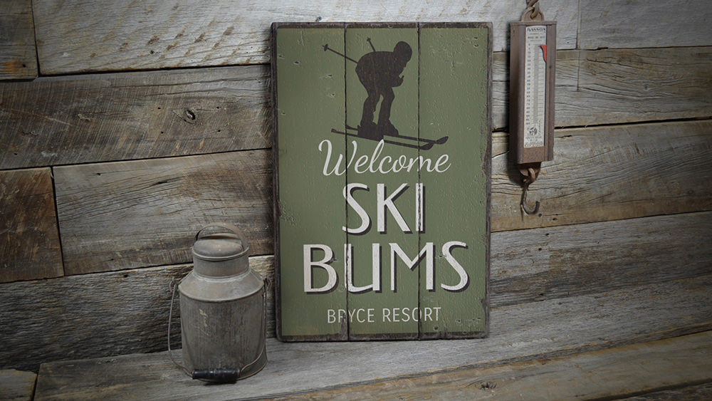 Ski Resort Skier Rustic Wood Sign
