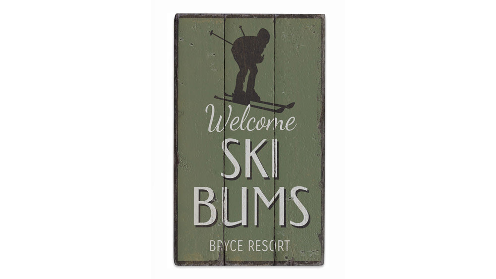 Ski Resort Skier Rustic Wood Sign