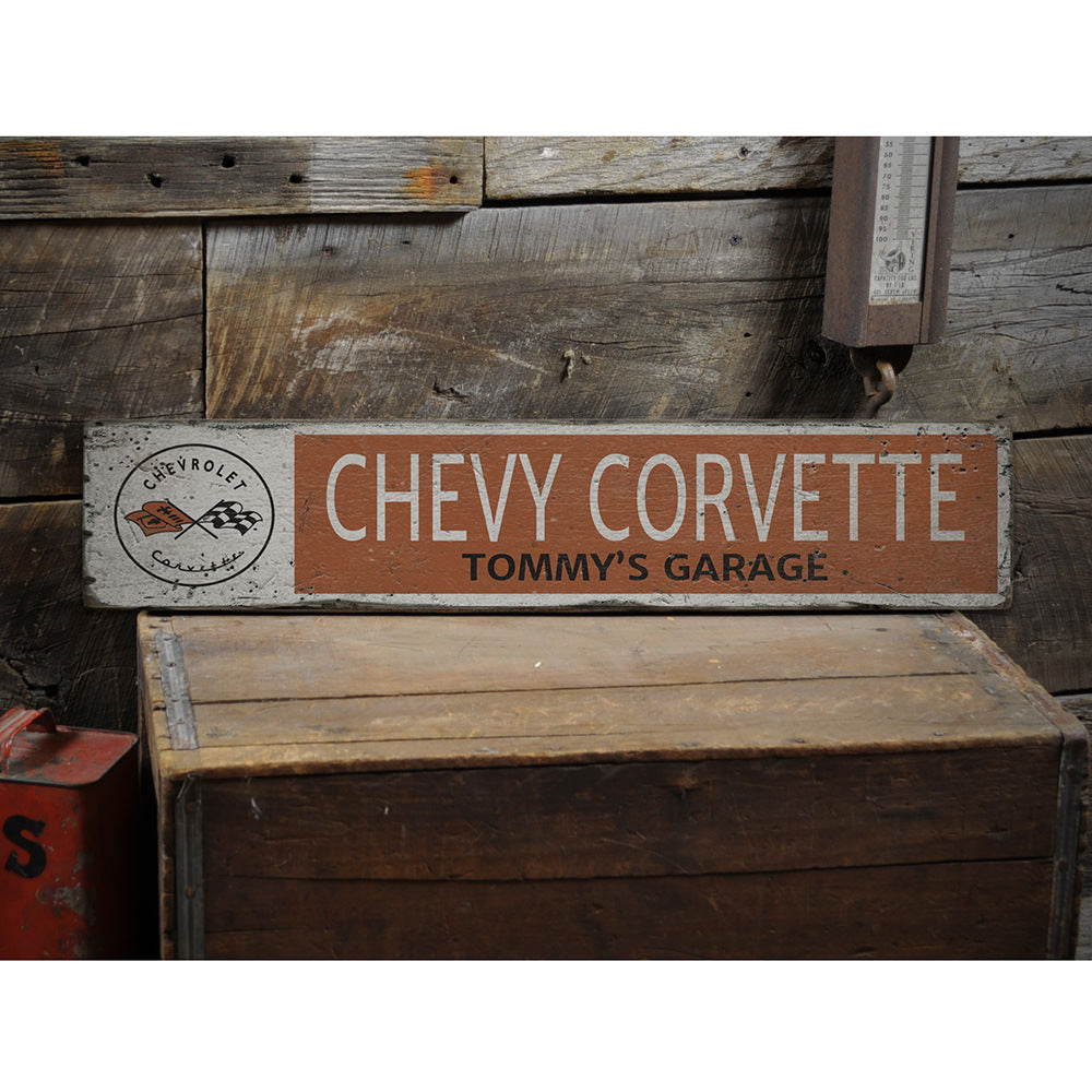 Chevy Corvette Garage Name Vintage Wood Sign