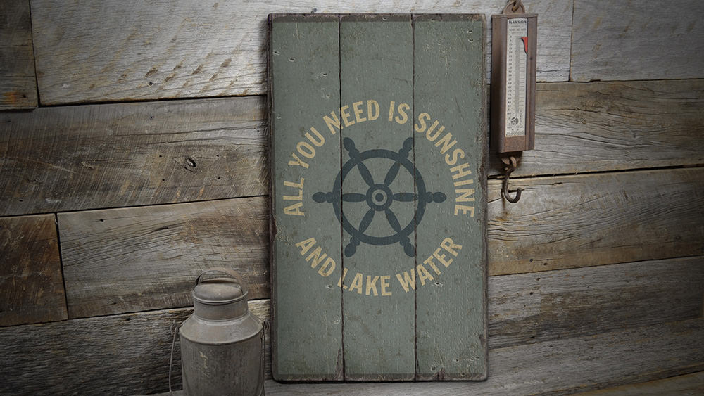 Lake Ship Wheel Rustic Wood Sign