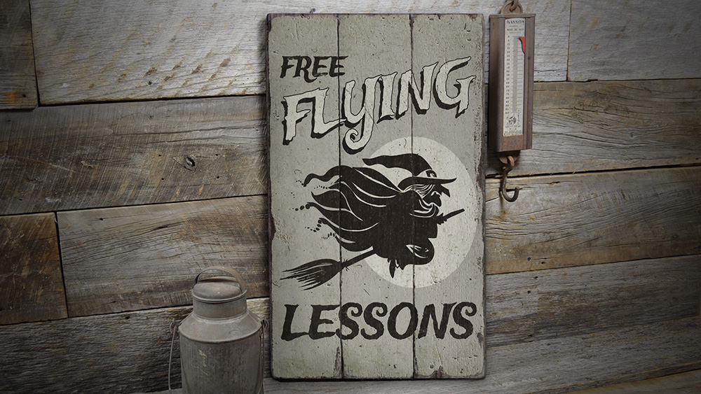 Flying Witch Rustic Wood Sign