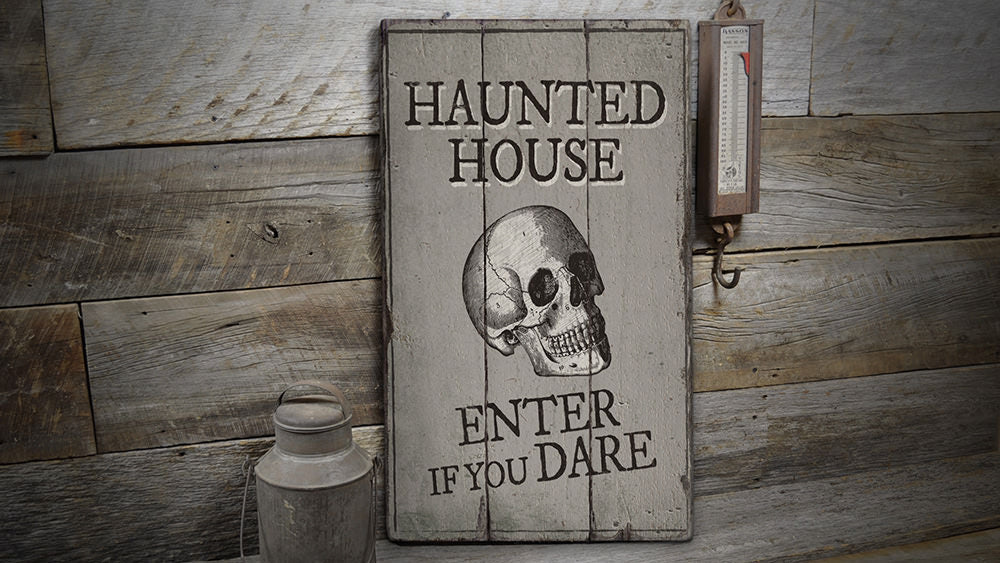 Skull Haunted House Rustic Wood Sign