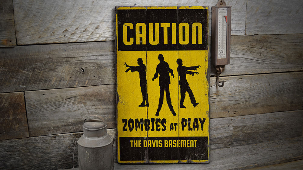 Caution Zombie Rustic Wood Sign