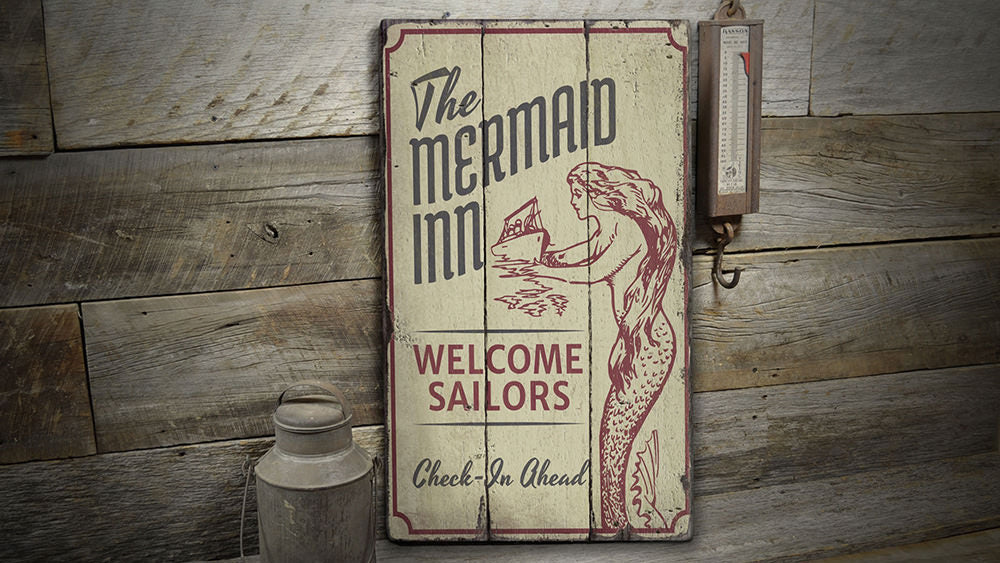 Vintage Mermaid Inn Rustic Wood Sign