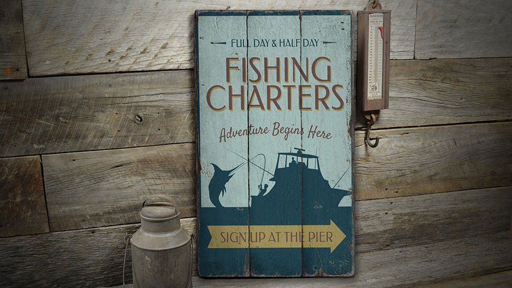 Fishing Charter Arrow Rustic Wood Sign