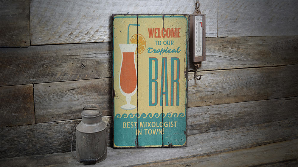 Tropical Bar Welcome Rustic Wood Sign