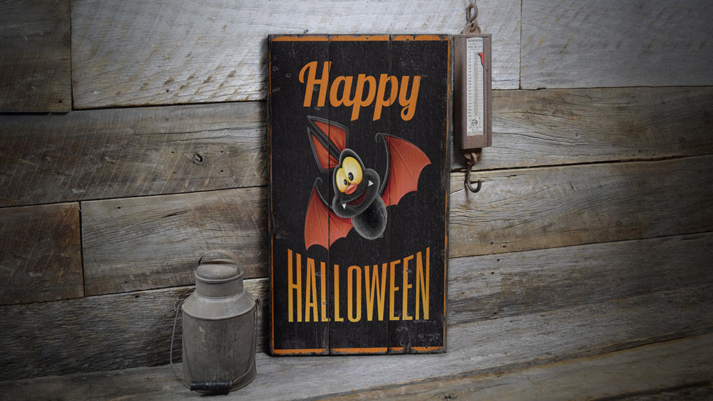Happy Halloween Bat Rustic Wood Sign