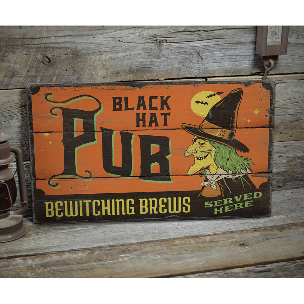 Black Hat Pub Rustic Wood Sign