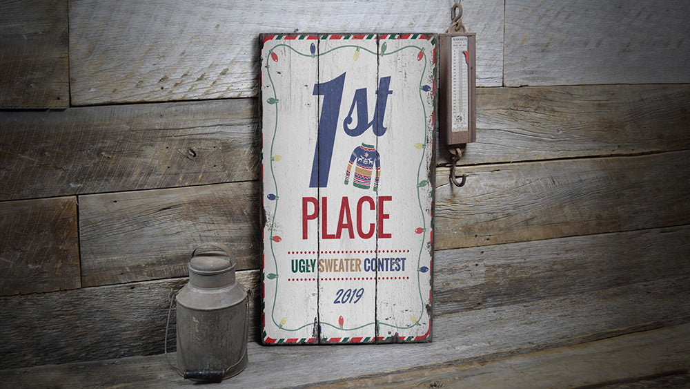 1st Place Ugly Sweater Contest Vintage Wood Sign