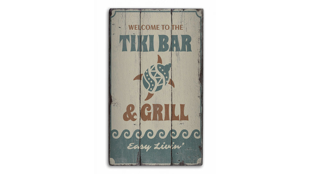 Tiki Bar Turtle Rustic Wood Sign
