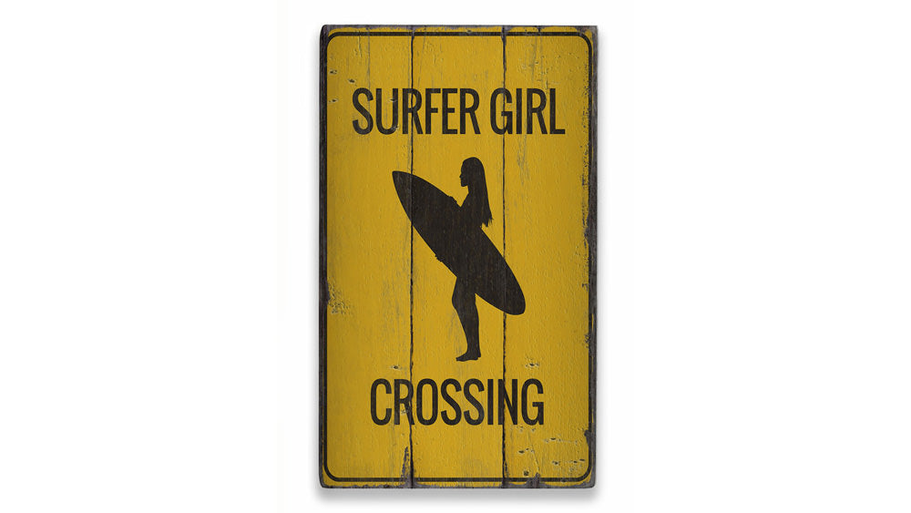 Surfer Girl Crossing Rustic Wood Sign