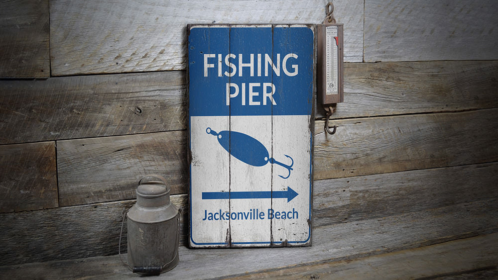 Fishing Pier Arrow Rustic Wood Sign